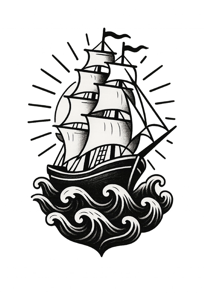 Tattoovorlage Segelschiff auf Wellen in traditionellem Stil