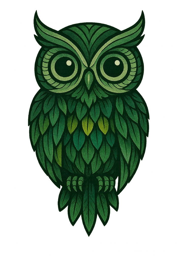 Tattoovorlage stilisierte Eule mit grünen Blättern