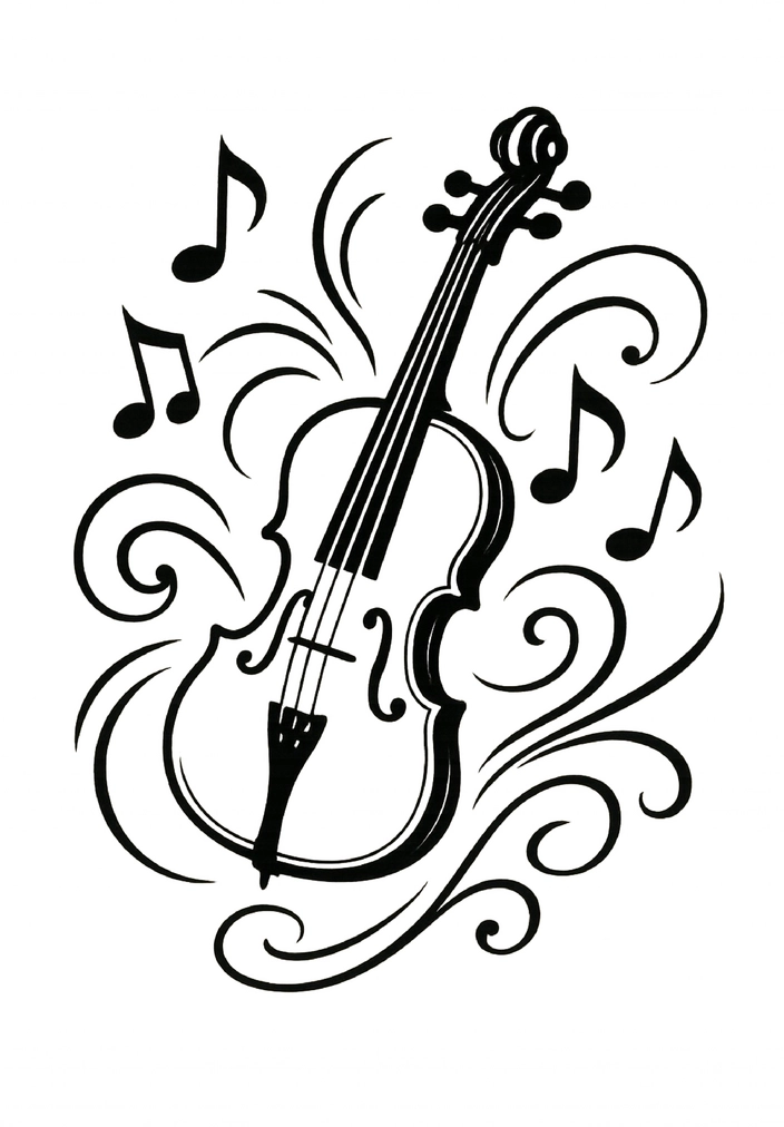 Tattoovorlage stilisierte Geige mit Noten und schwungvollen Linien