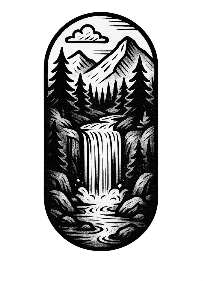 Tattoovorlage stilisierte Landschaft mit Wasserfall