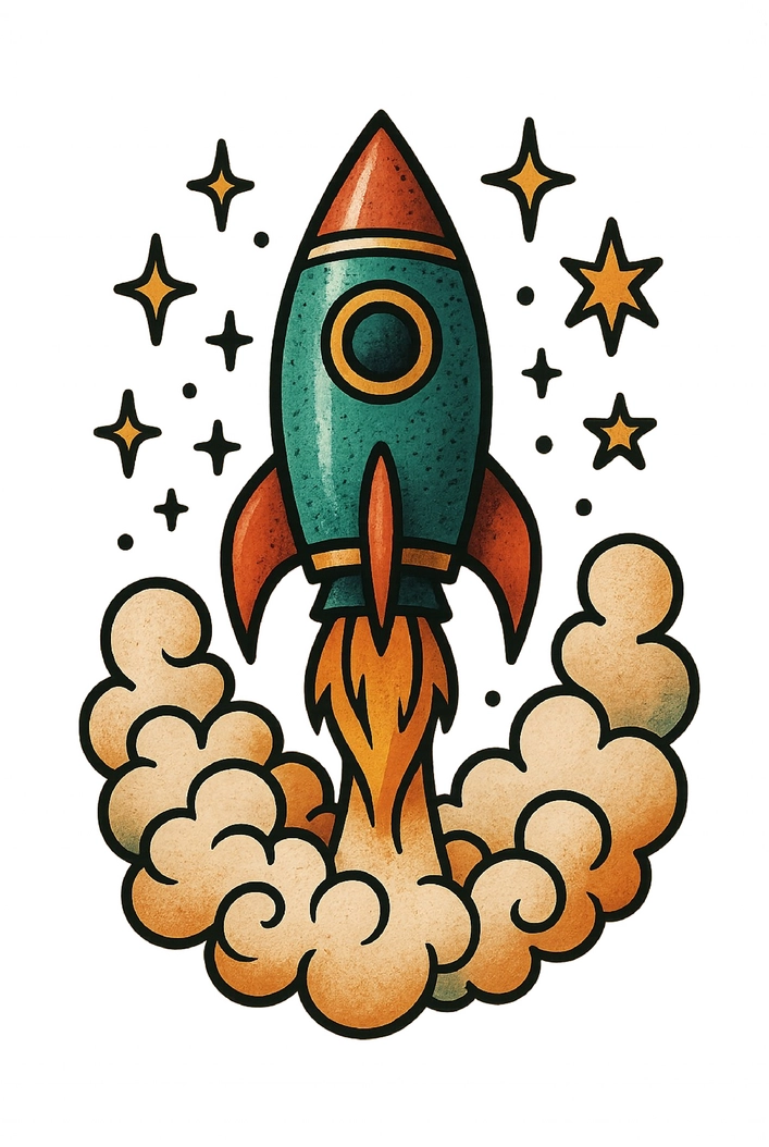 Tattoovorlage stilisierte Rakete mit Rauchwolken und Sternen