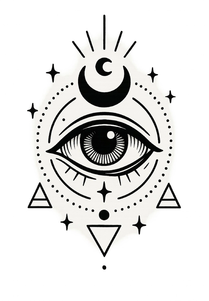 Tattoovorlage stilisiertes Auge mit mystischen Symbolen