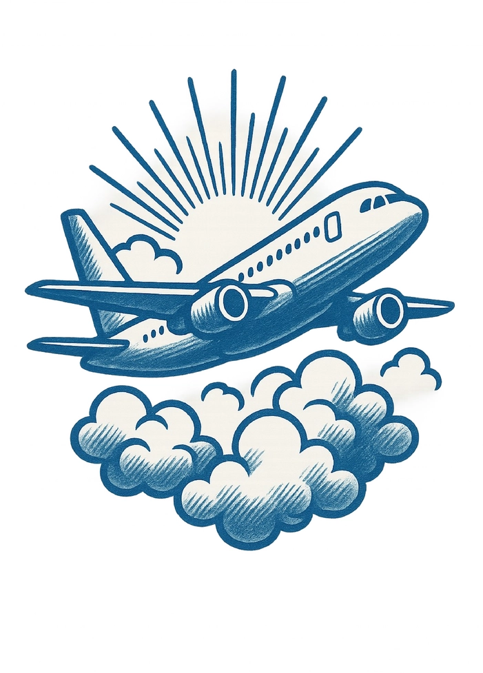 Tattoovorlage stilisiertes Flugzeug mit Wolken und Sonnenstrahlen