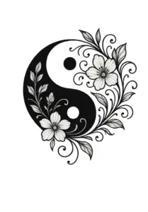 tattoovorlage-stilisiertes-yin-yang-symbol-mit-floralen-akzenten