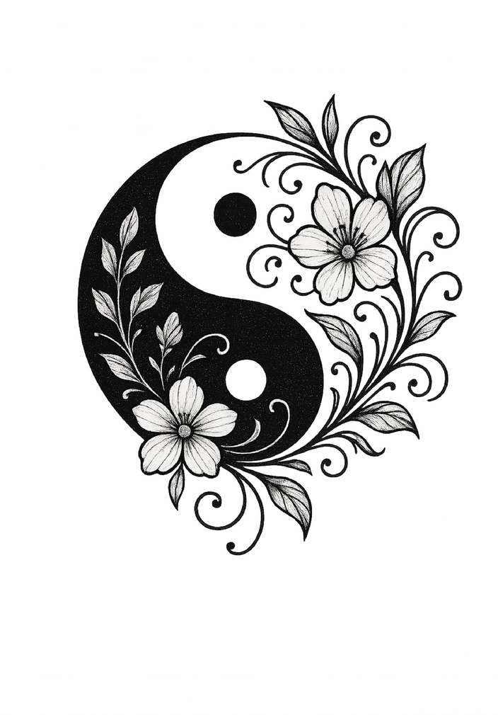 Tattoovorlage stilisiertes Yin-Yang-Symbol mit floralen Akzenten