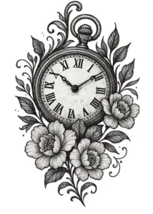 tattoovorlage-uhr-mit-floralen-mustern-und-roemischen-zahlen