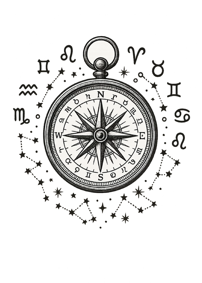 Tattoovorlage vintage Kompass mit astrologischen Symbolen