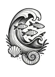 tattoovorlage-welle-mit-fischen-und-muscheln
