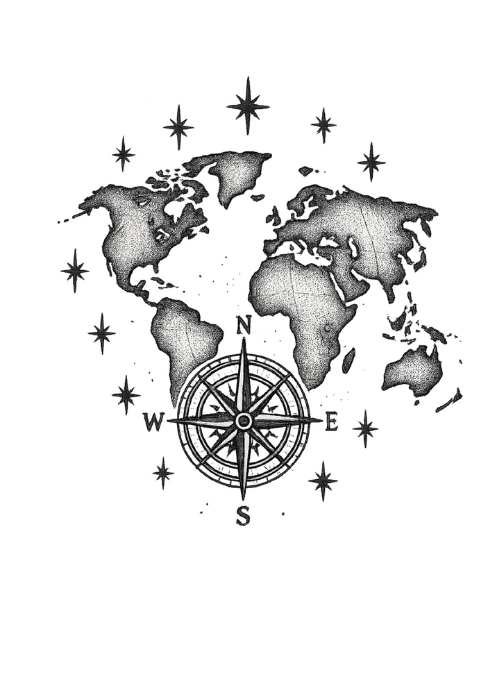 Tattoovorlage Weltkarte mit Kompass und Sternen