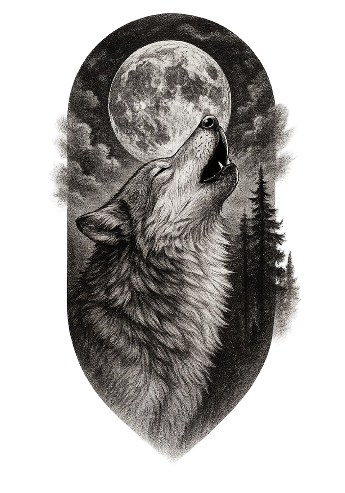 Tattoovorlage Wolf im Mondschein für Oberschenkel