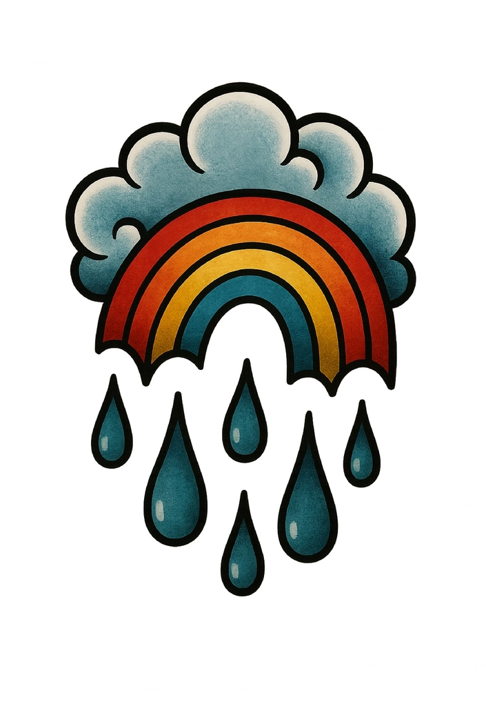 Tattoovorlage Wolke mit Regenbogen und Tropfen