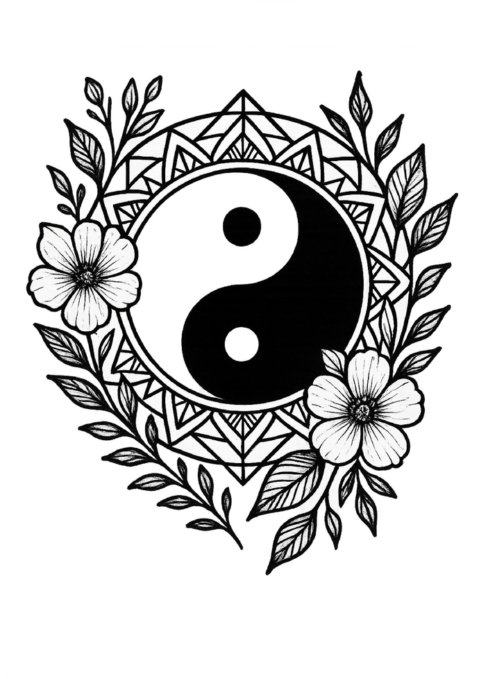 Tattoovorlage mit Yin-Yang-Symbol und floralen Details