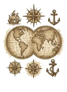 weltkarte-mit-kompass-und-nautischen-symbolen