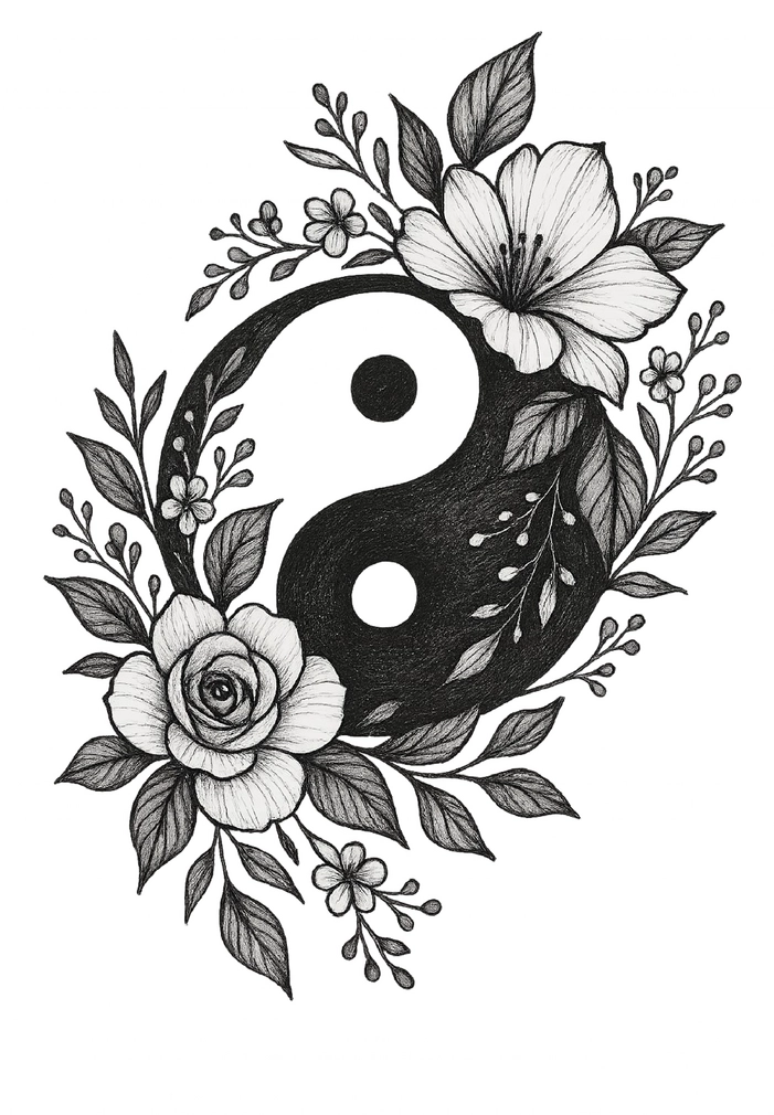 Tattoovorlage Yin-Yang mit floralen Akzenten für die Brust