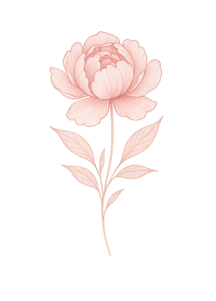 Tattoovorlage zarte Pfingstrose mit harmonischen Blättern